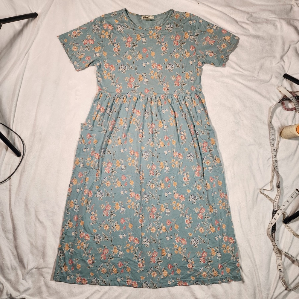 Eddie Bauer Vintage 90s Floral Midi Dress Blue Cotton Pockets C237 Small Cottage